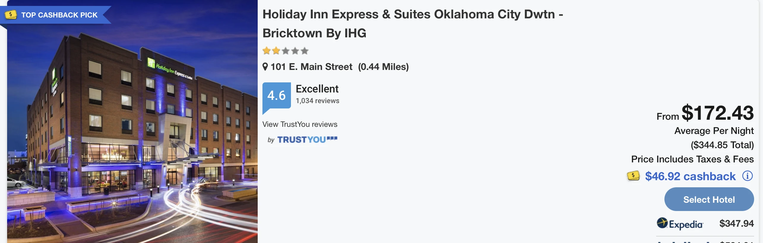 Live EKKL travel result showing a hotel rate and cashback